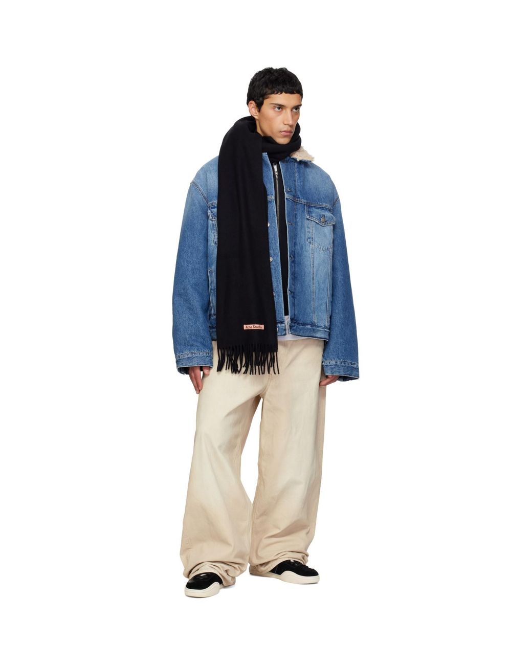 Acne Black Fringe Wool Narrow Scarf for men