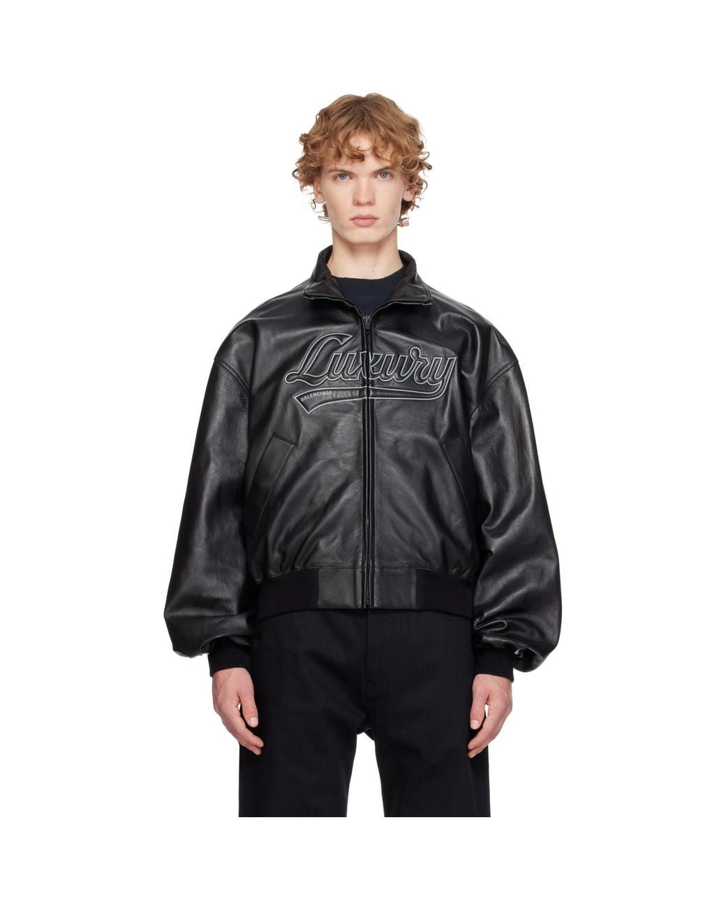 Balenciaga Black Smooth Semi Grainy Leather Bomber Jacket for men