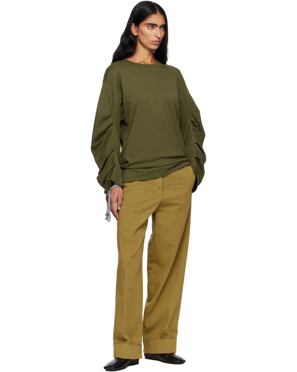 Dries Van Noten Green Khaki Cuffed Cotton Trousers