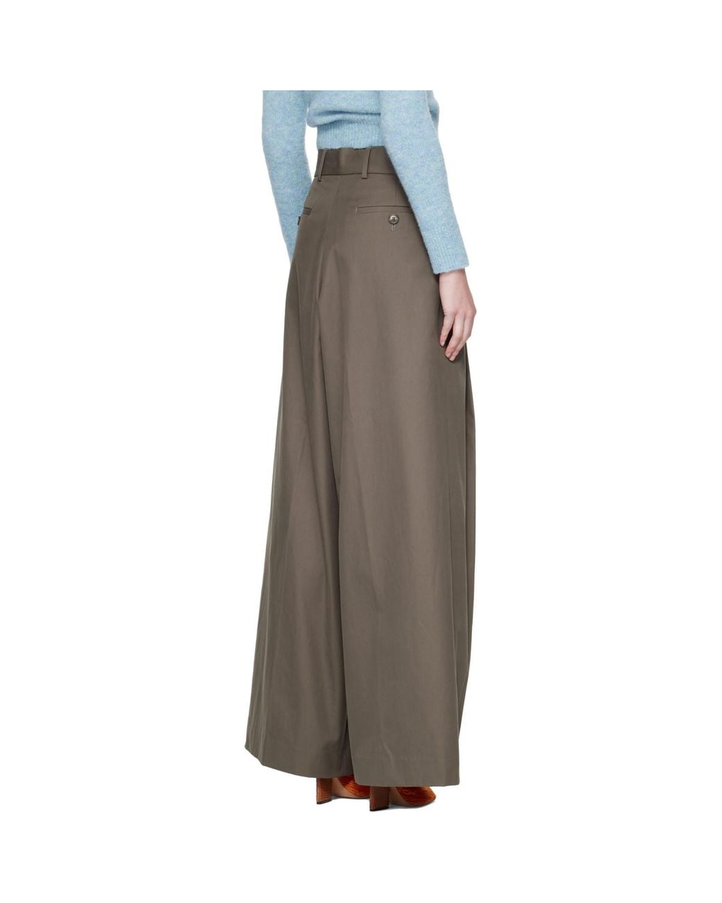 Dries Van Noten Gray Khaki Wide Pleated Cotton Trousers