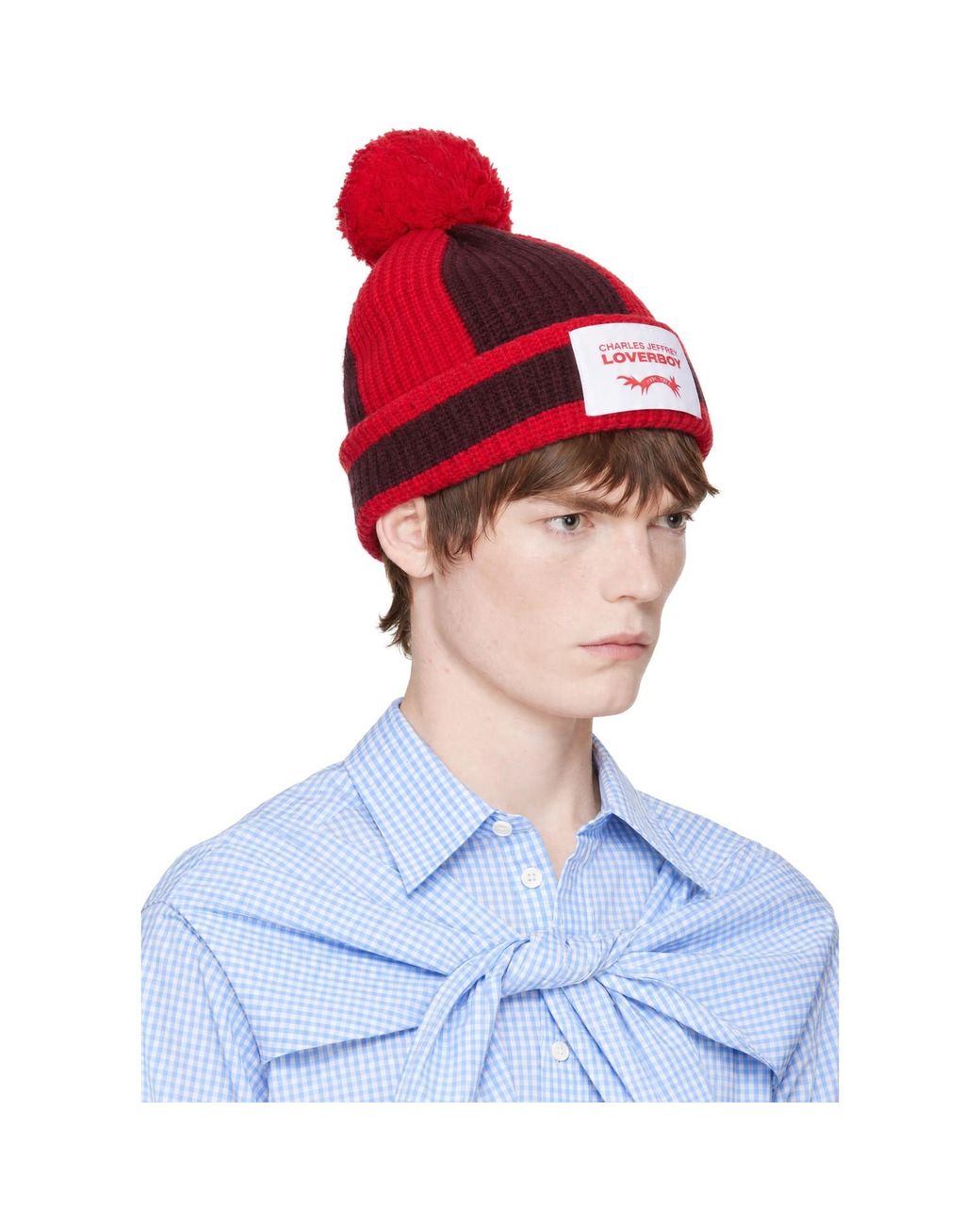 Charles Jeffrey Blue Burgundy Pom Pom Beanie for men