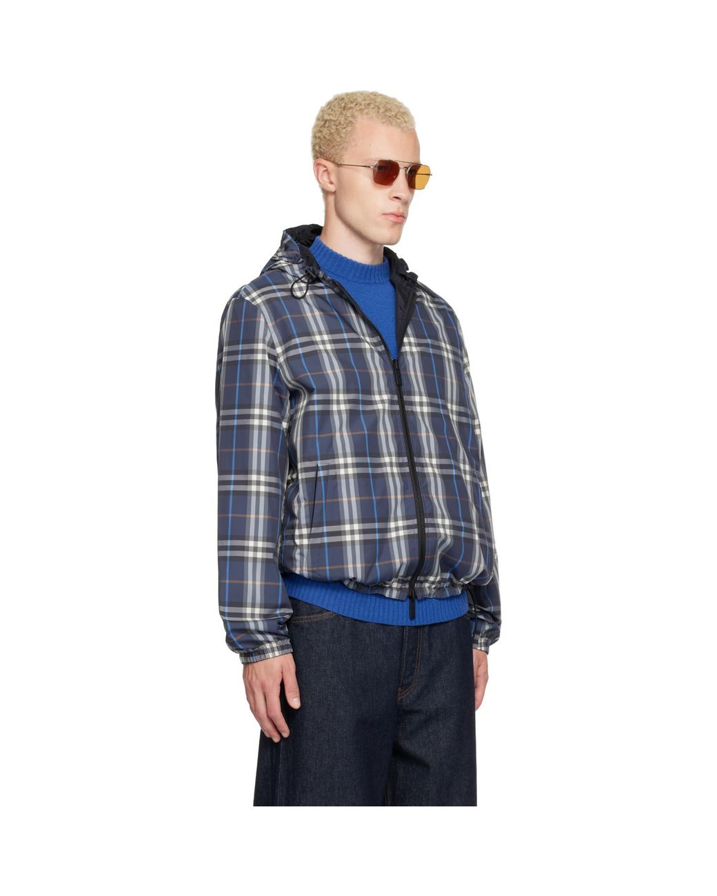 Burberry Blue Check Newport Hooded Reversible Jacket for men