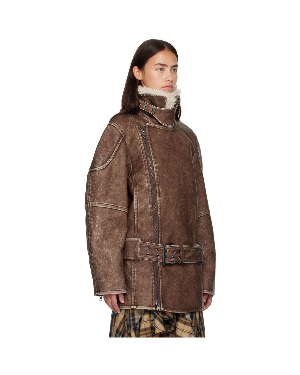 DIESEL Brown Double-Breasted Aviator-Biker Coat