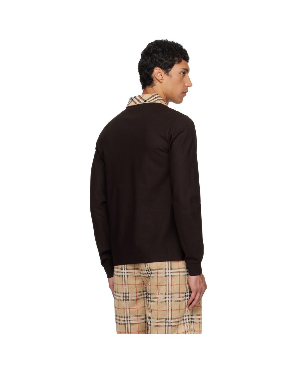Burberry Black Long Sleeve Check Collar Cotton Polo for men