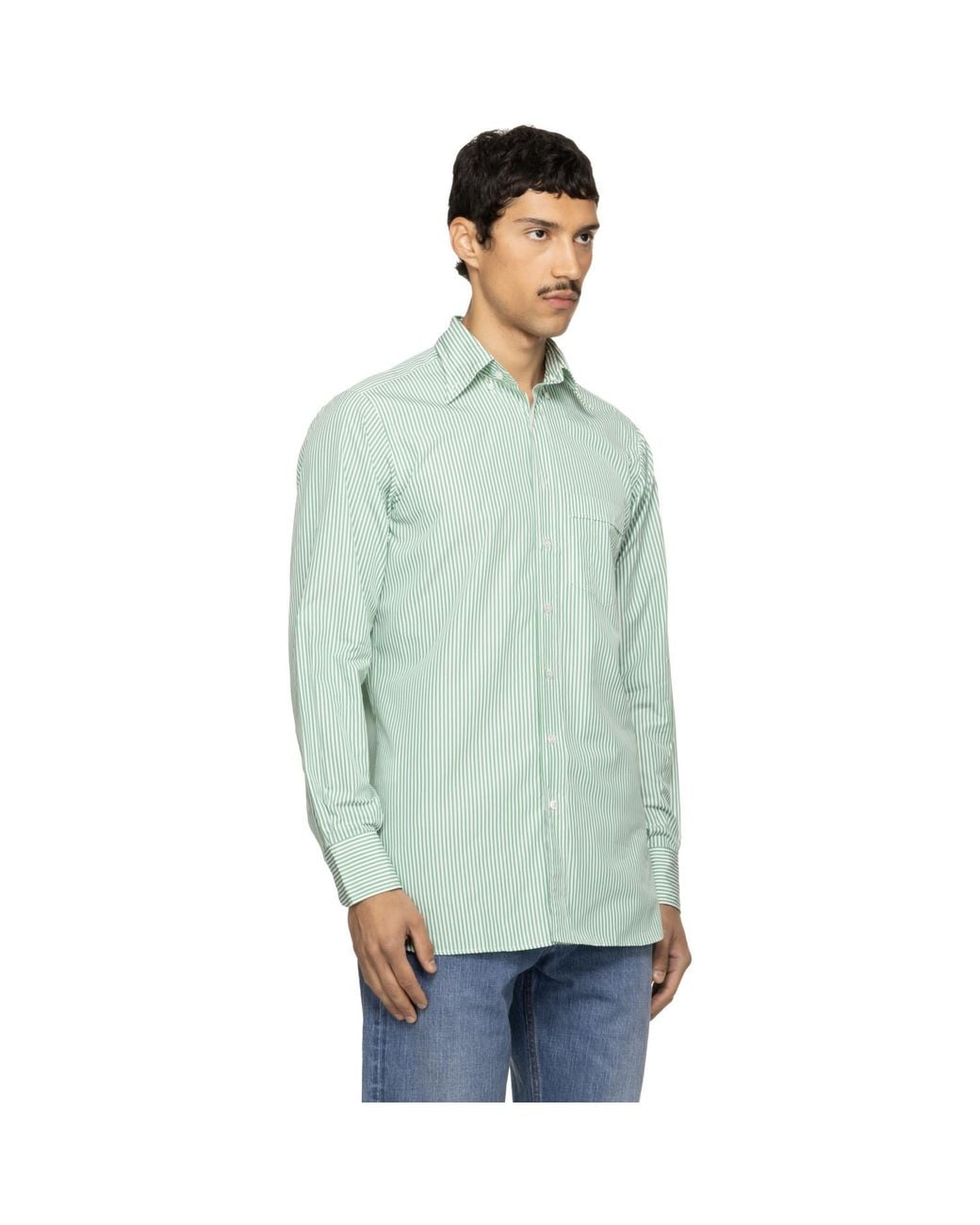 Drake's Green Narrow Stripe Cotton Poplin Button-Down Shirt for men