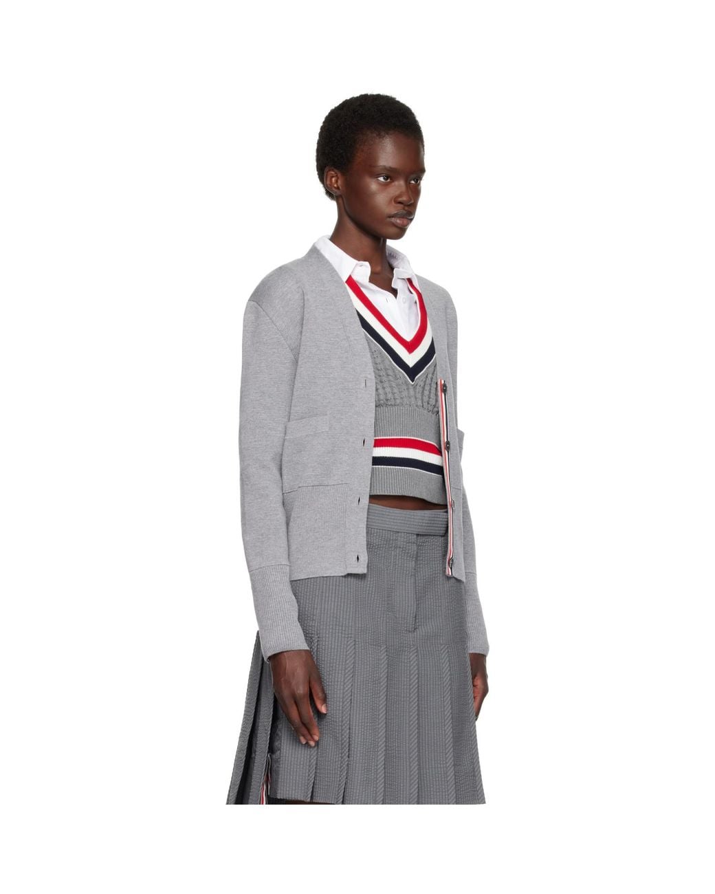 Thom Browne Gray Wool 4-Bar V-Neck Cardigan