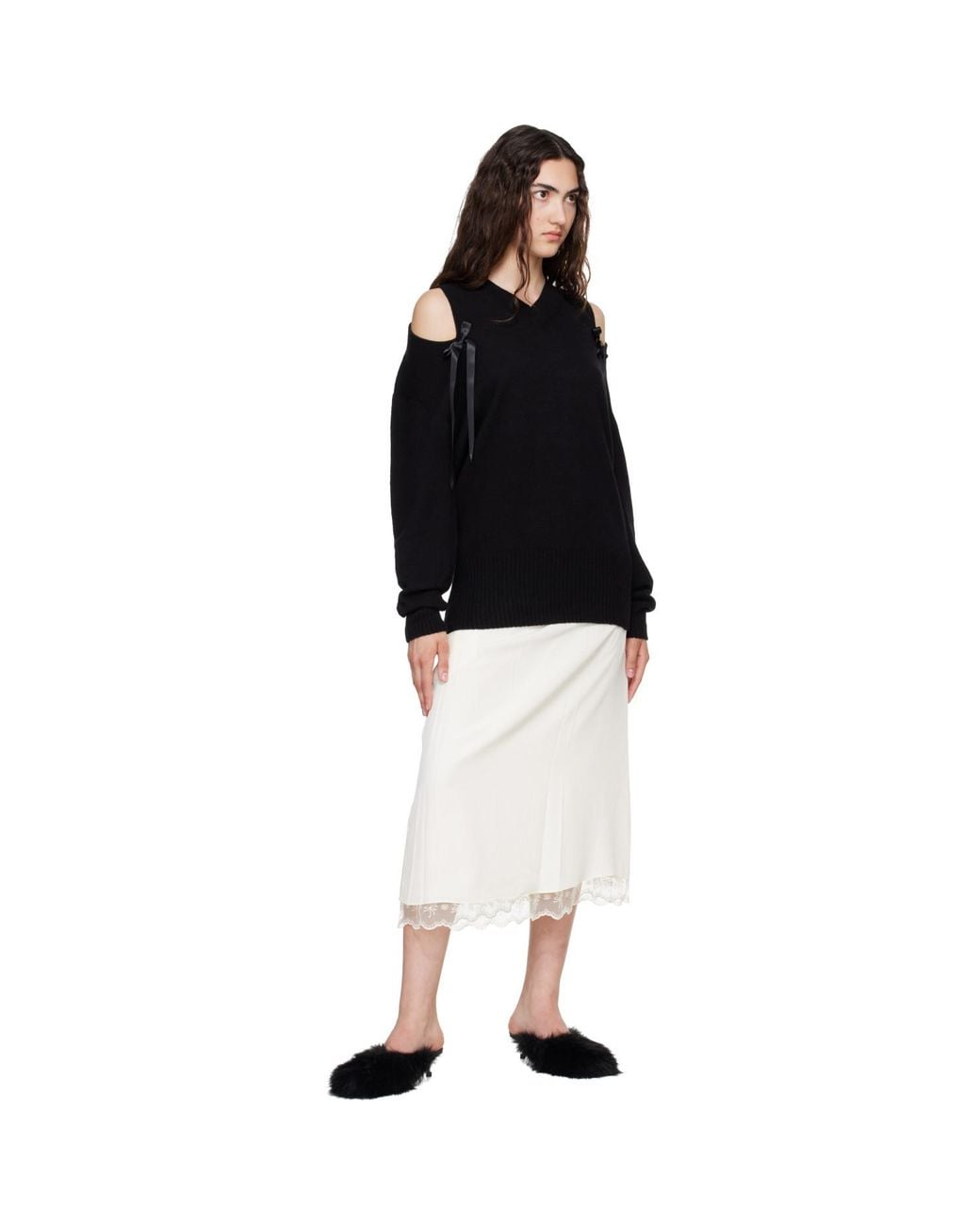 Simone Rocha Black Relaxed Cashmere Slash V-Neck Bow Sweater