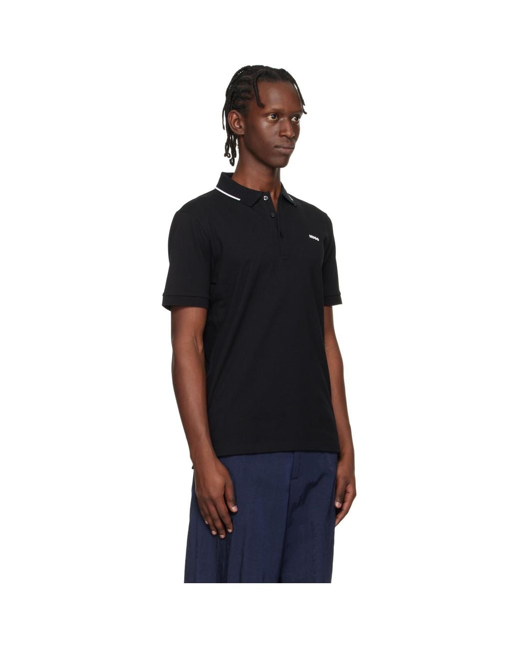 HUGO Black Stretch Cotton Slim-Fit Logo Polo for men