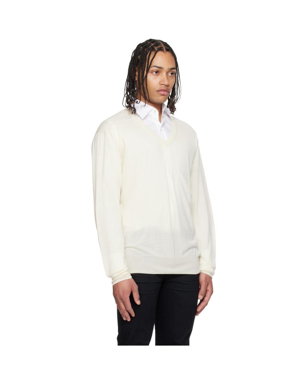 Tom Ford White Off- Fine Gauge Cashmere Ls V-Neck Sweater for men