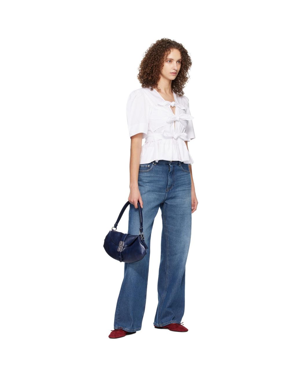 Ganni White Washed Stretch Cotton Tie Strap Blouse