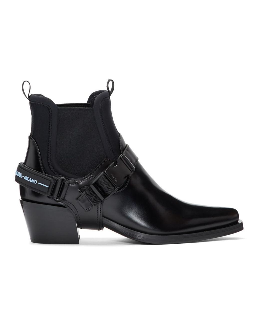 Prada Western Leather Ankle Boot in Black | Lyst