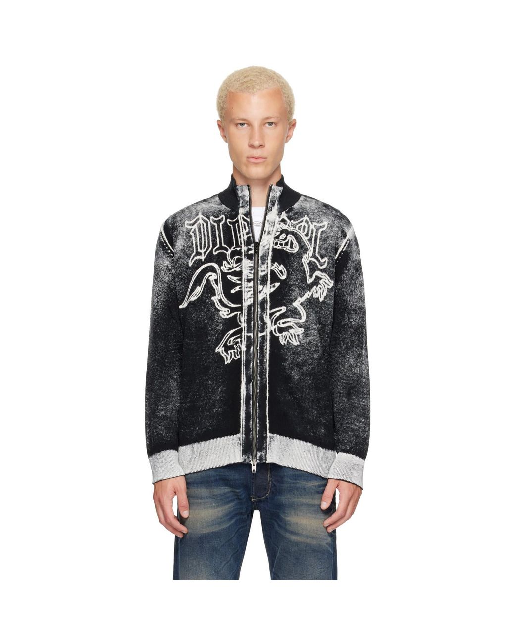 DIESEL Black Griffin Motif Zip Sweater for men
