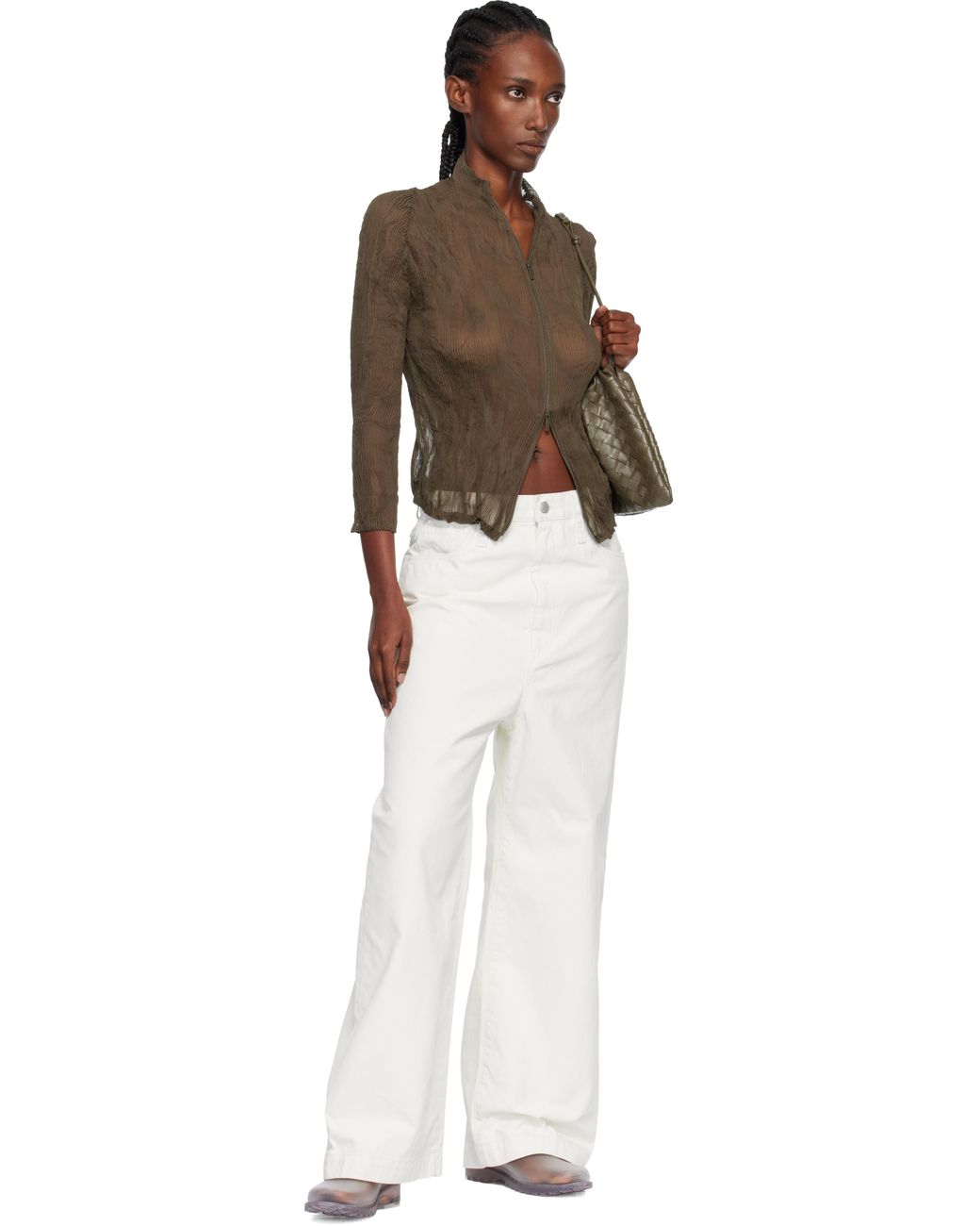 Issey Miyake Khaki Chiffon Twist Cardigan in Brown | Lyst