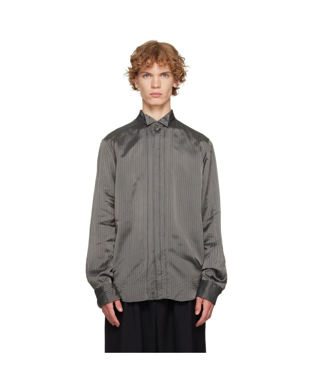 Dries Van Noten Gray Burgundy Pinstripe Shirt for men