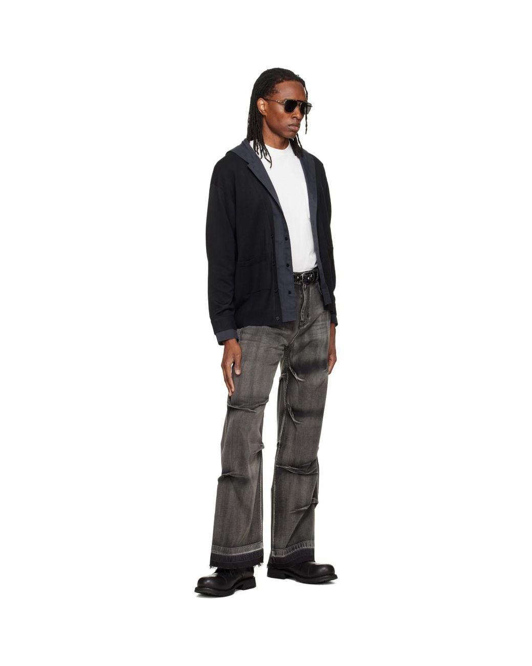 we11done Black Hooded Shirt-Layered Cardigan for men