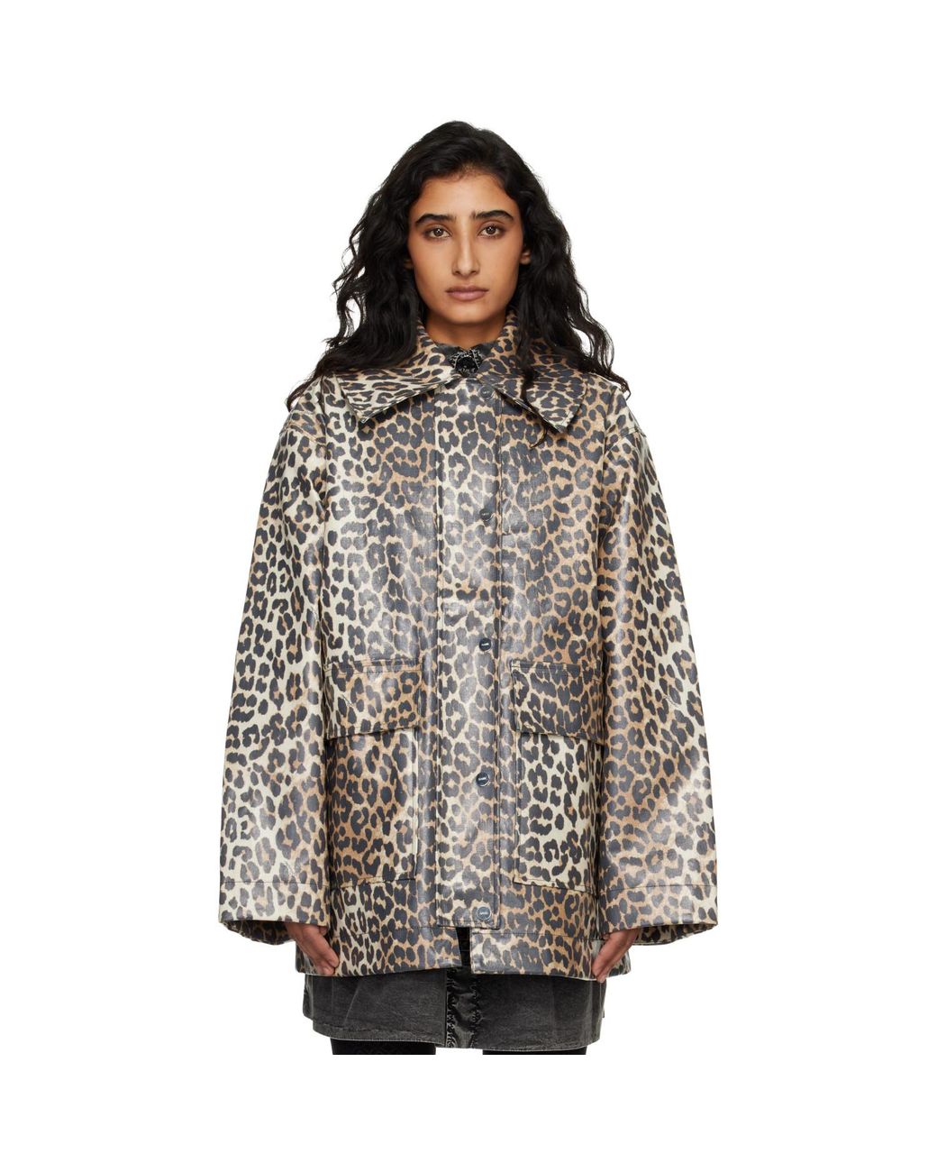 Ganni Black Leopard Laminated Cotton Jacket