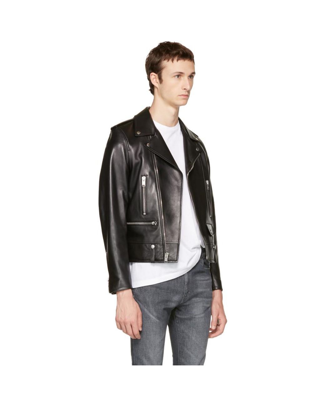 Saint Laurent Black Plunged Leather Classic Motorcycle Jacket for Men Mens Clothing Jackets Leather jackets 