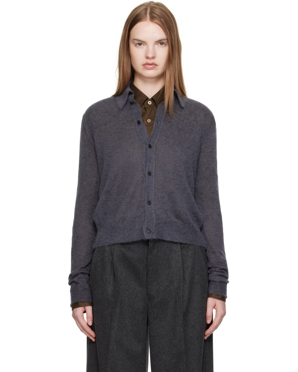 AURALEE Kid Mohair Sheer Knit Shirt Cardigan in Black | Lyst