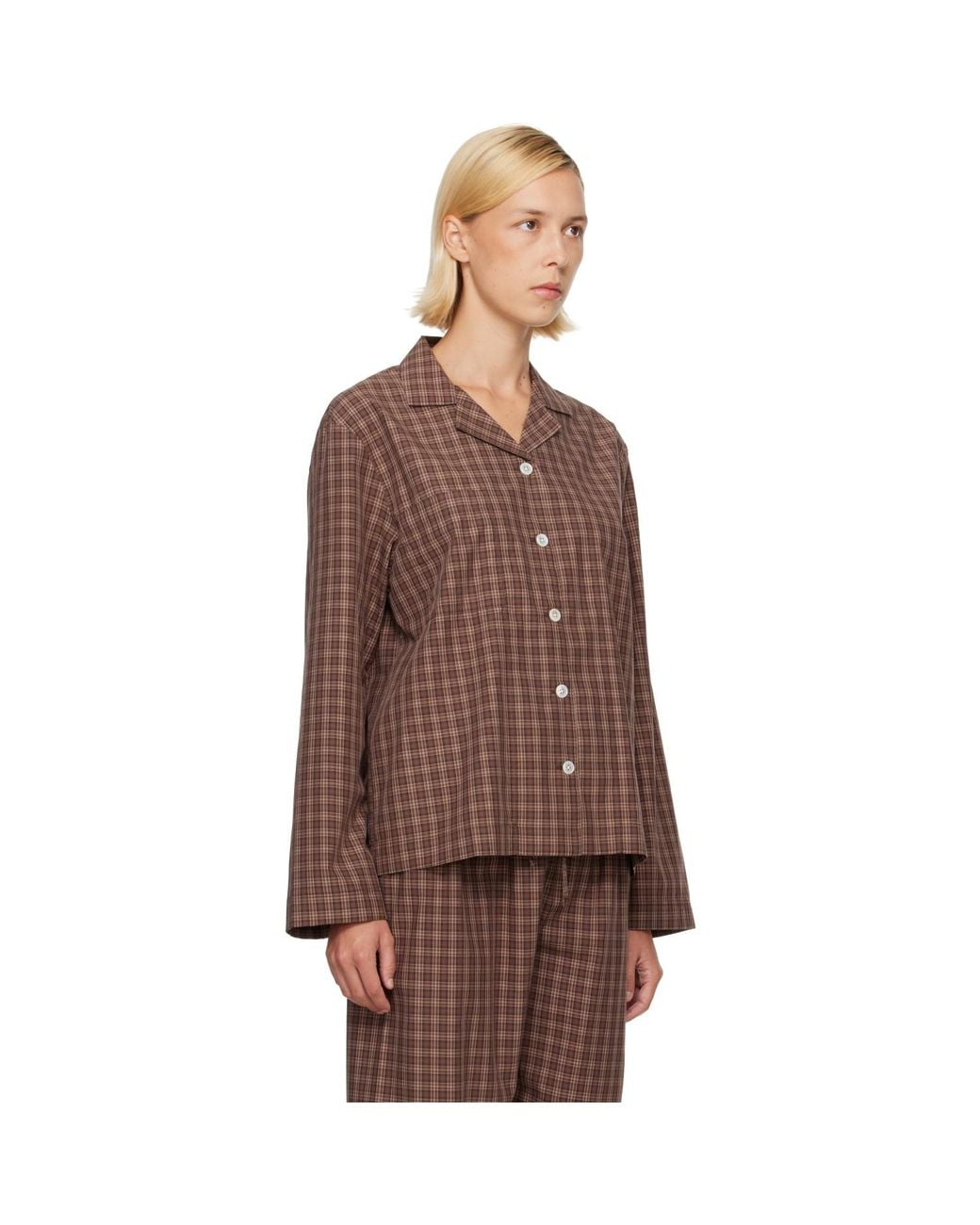 Tekla Brown Fine Twill Long-Sleeved Pyjama Shirt