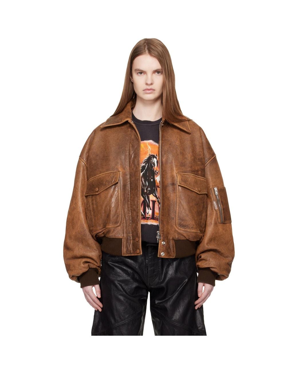 Amiri Brown Tan Faded Leather Bomber Jacket