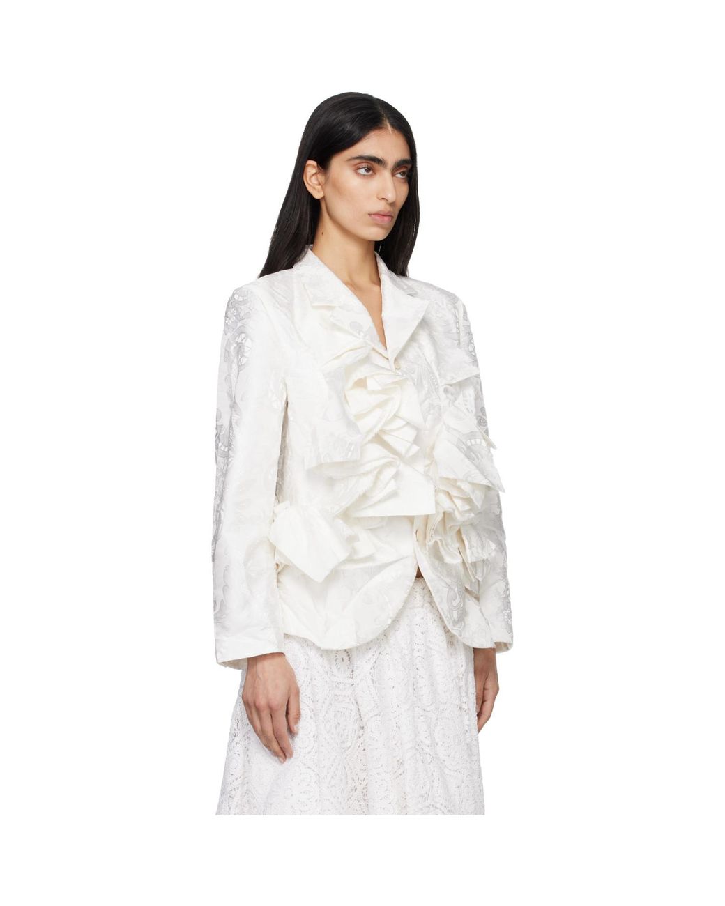 Comme des Garçons White Gros Grain Lace Pattern Garment Treated Blazer