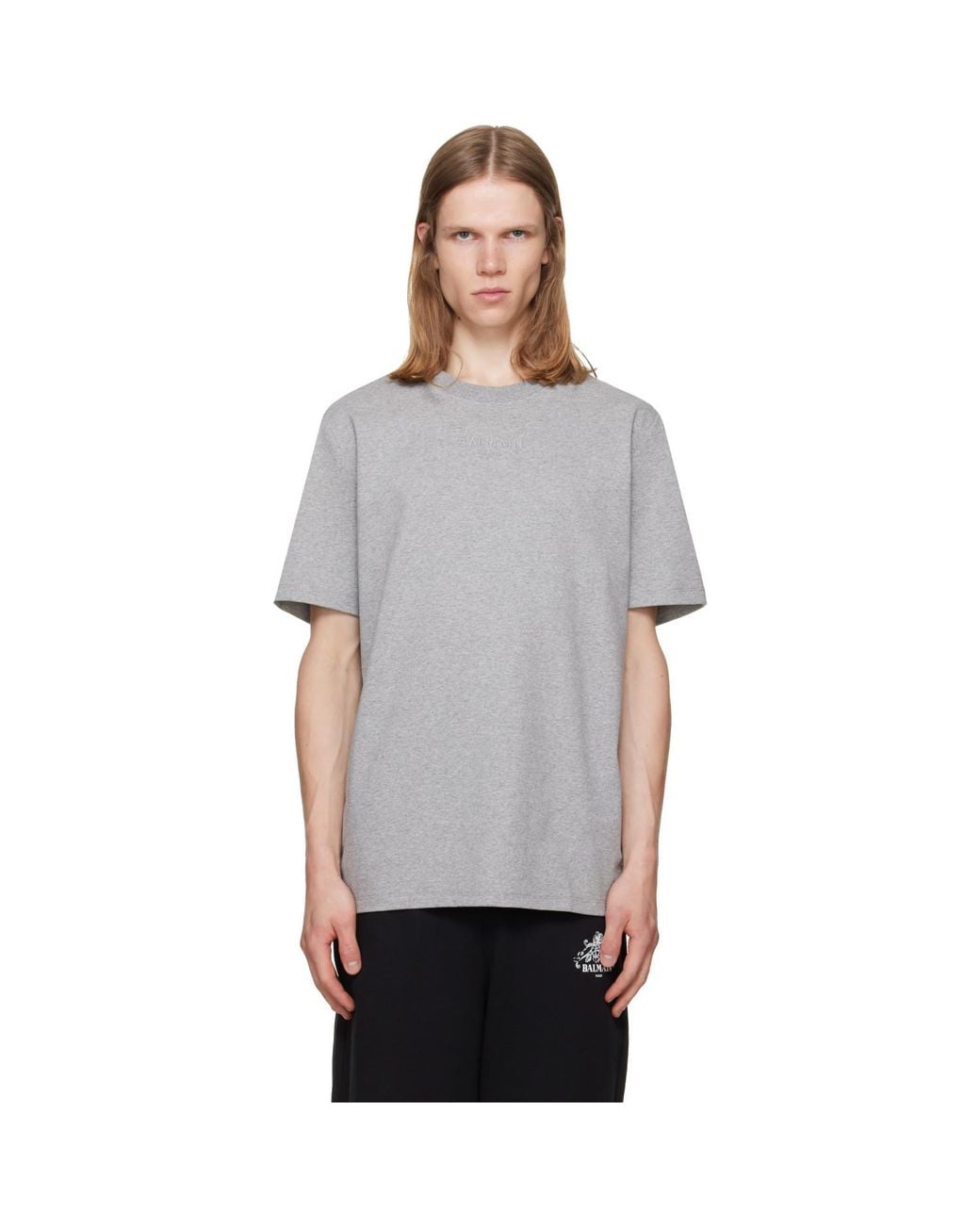 Balmain Gray Embroidered Paris' T-Shirt for men