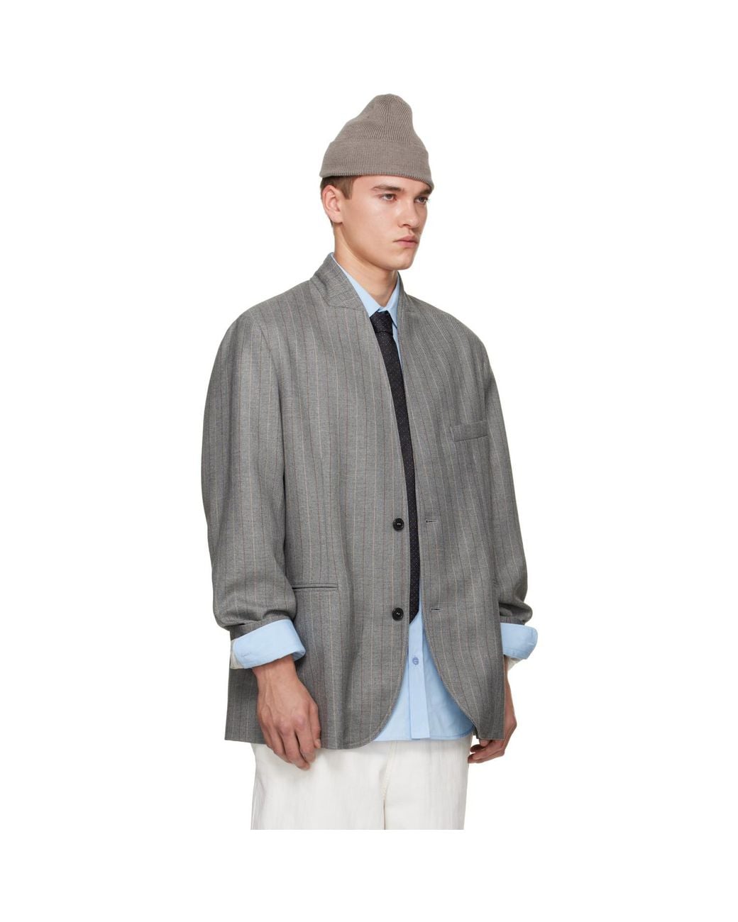 Hed Mayner Gray Striped Herringbone Blazer for men