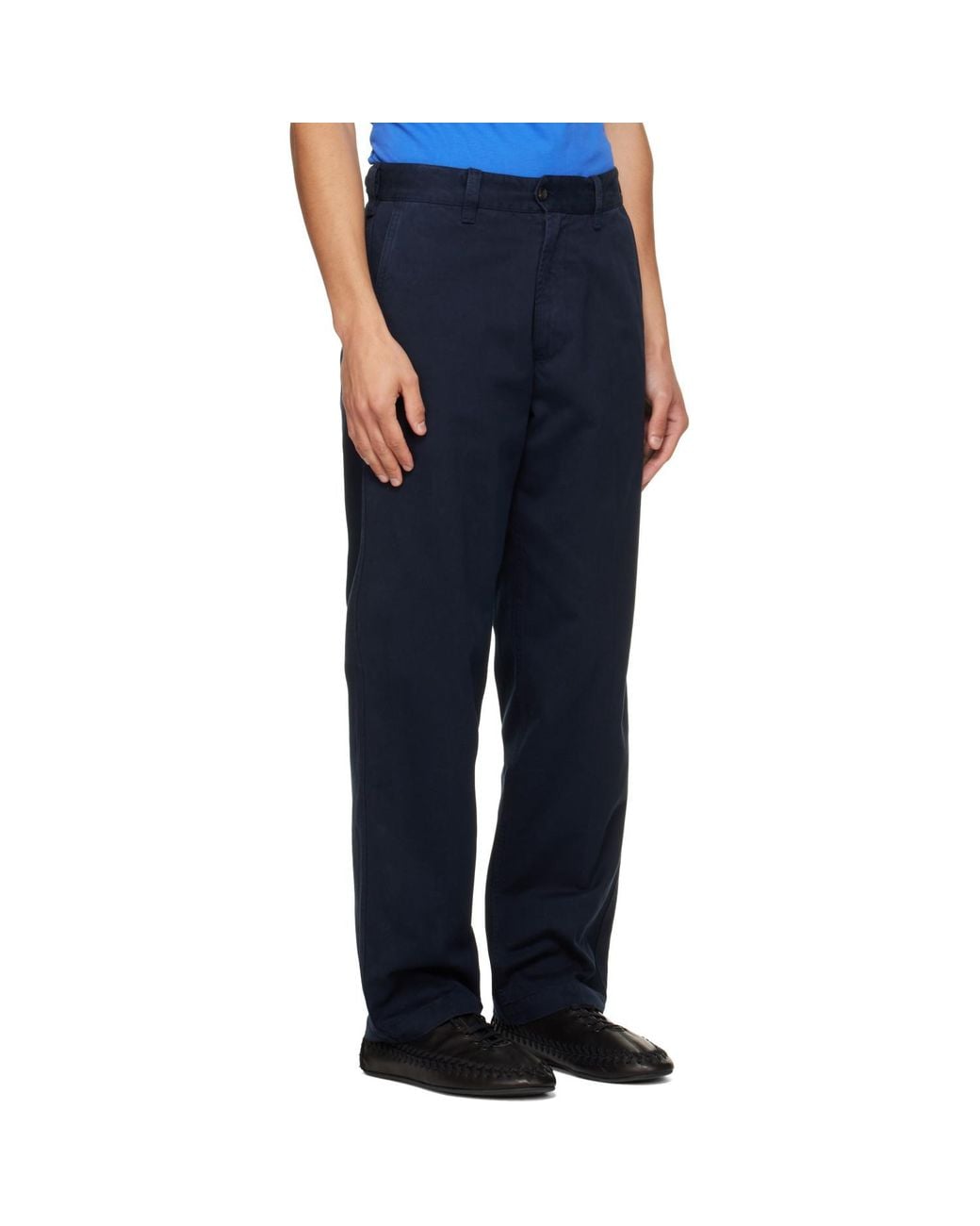 Drake's Blue Heavy Cotton Flat Front Trousers for men