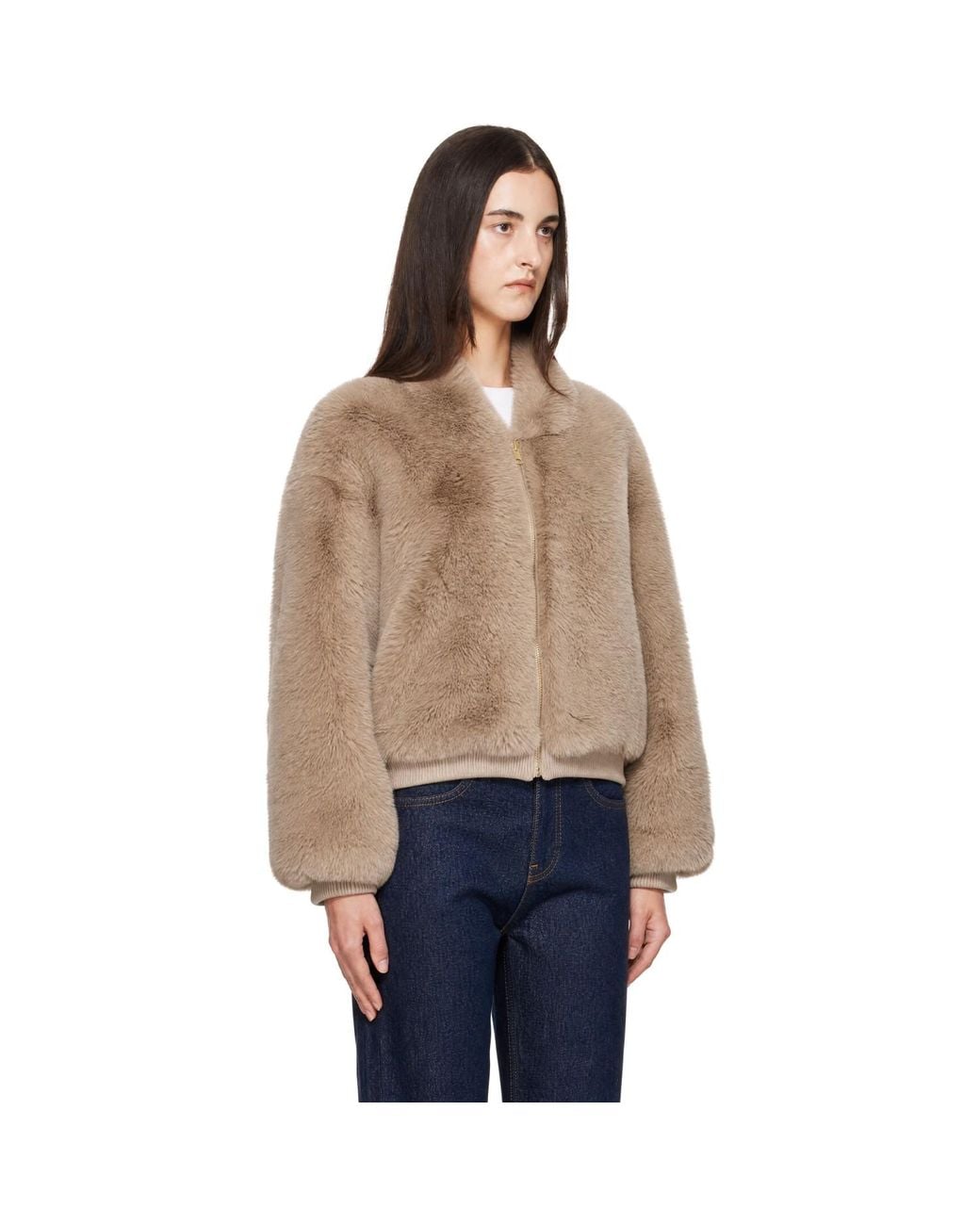 Frankie Shop Natural Taupe Senna Collarless Faux-Fur Jacket