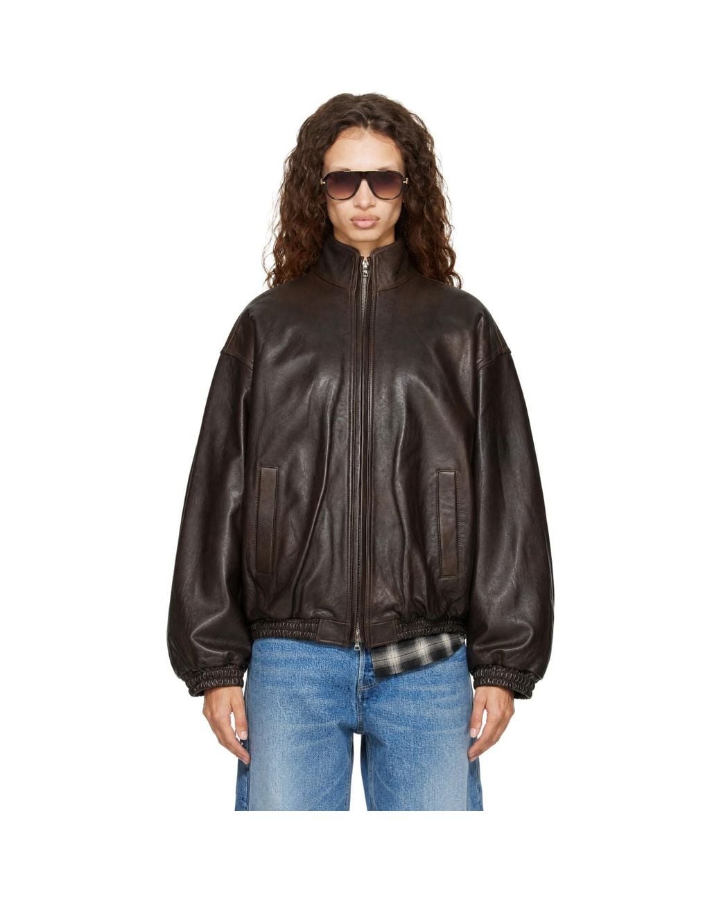 Ssstein Brown Stand Collar Sheep Leather Jacket