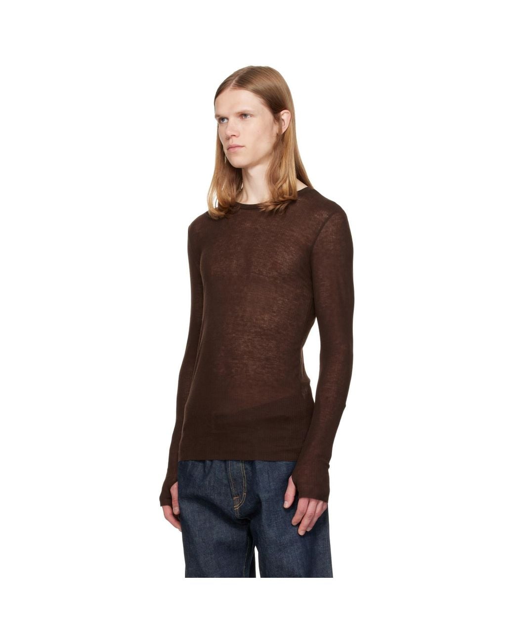 TONYWACK Brown Sheer Wool Ribbed Knit Sweater for men