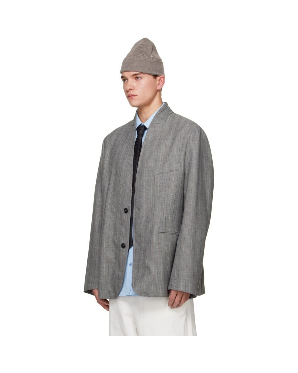 Hed Mayner Gray Striped Herringbone Blazer for men