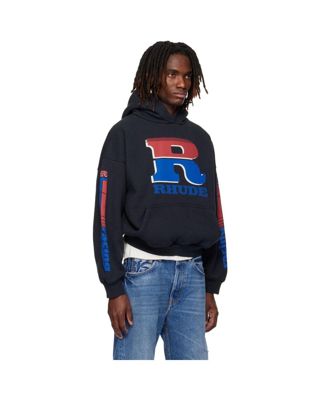 Rhude Blue Split Petrol Logo Hoodie for men