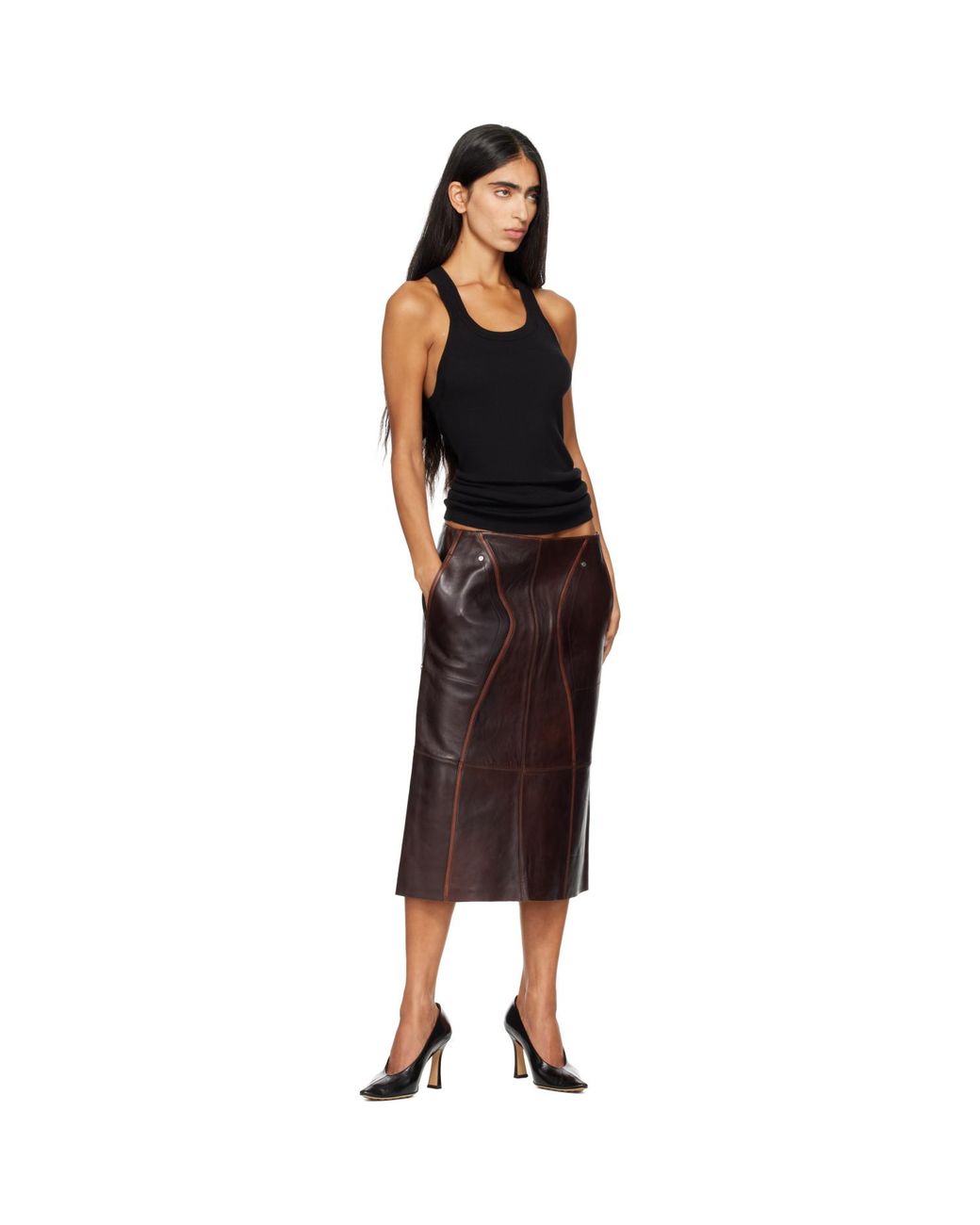 Helmut Lang Brown Saddle Leather Midi Skirt