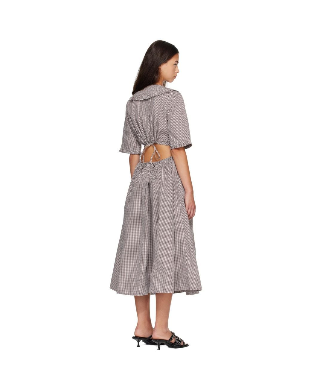 Ganni Brown Check Cotton Cut Out Midi Dress