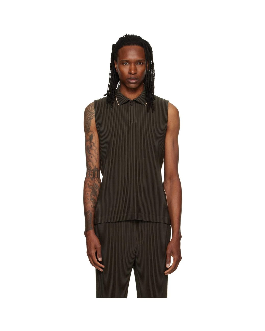 Homme Plissé Issey Miyake Brown Embroidery Stripes Vest for men