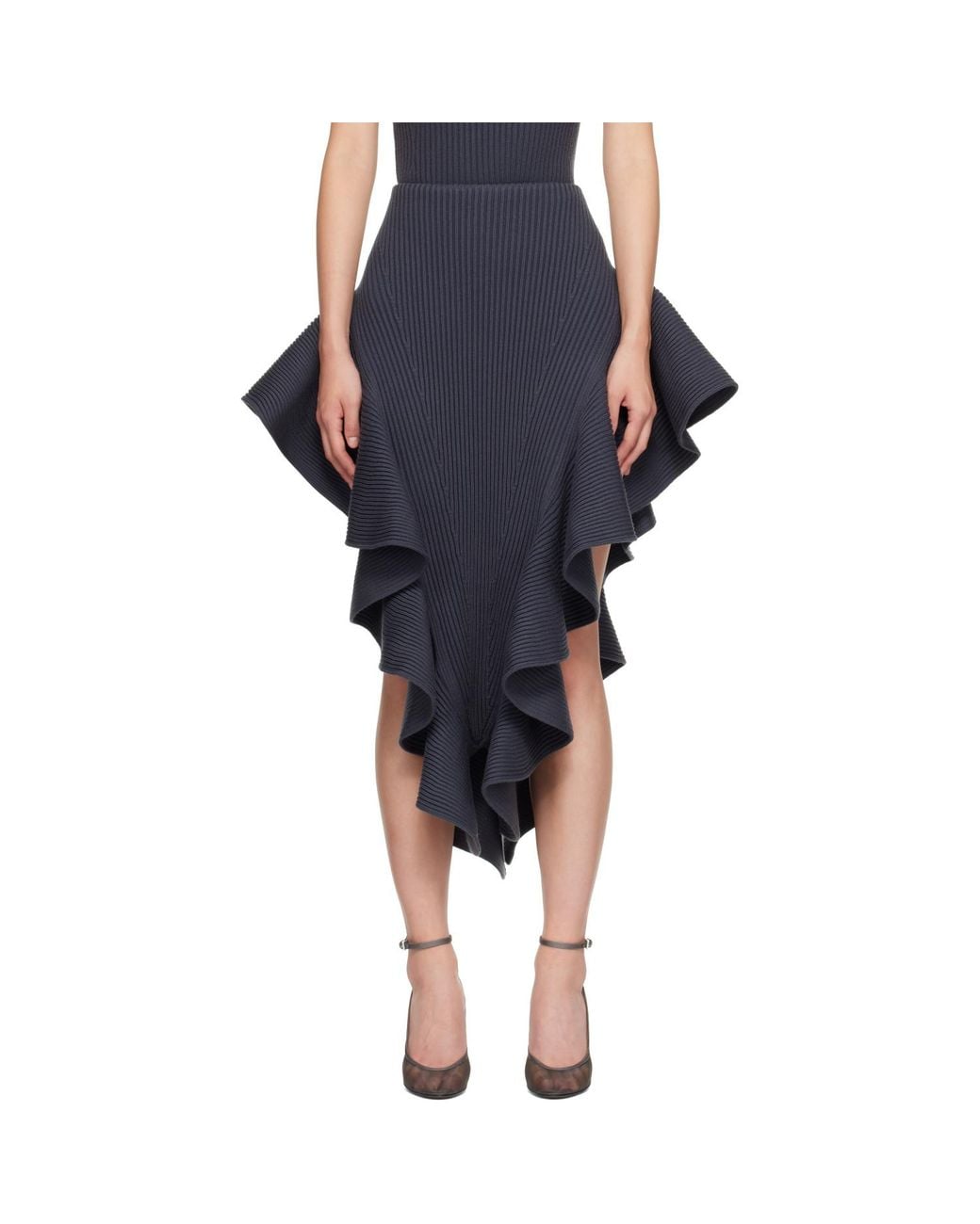 Alaïa Blue Ribbed Ruffle Midi Skirt