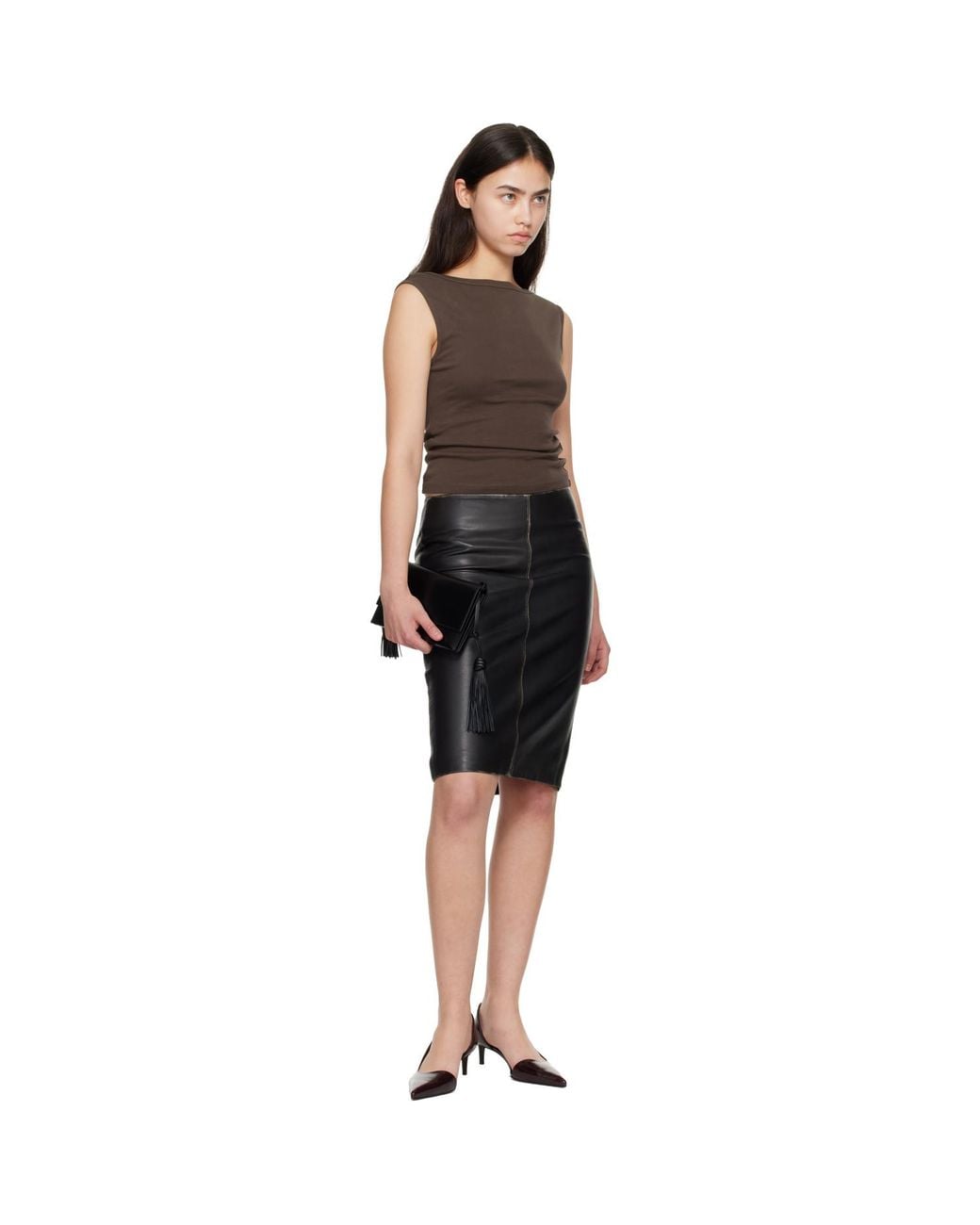 St. Agni Black Brushed Leather Pencil Midi Skirt