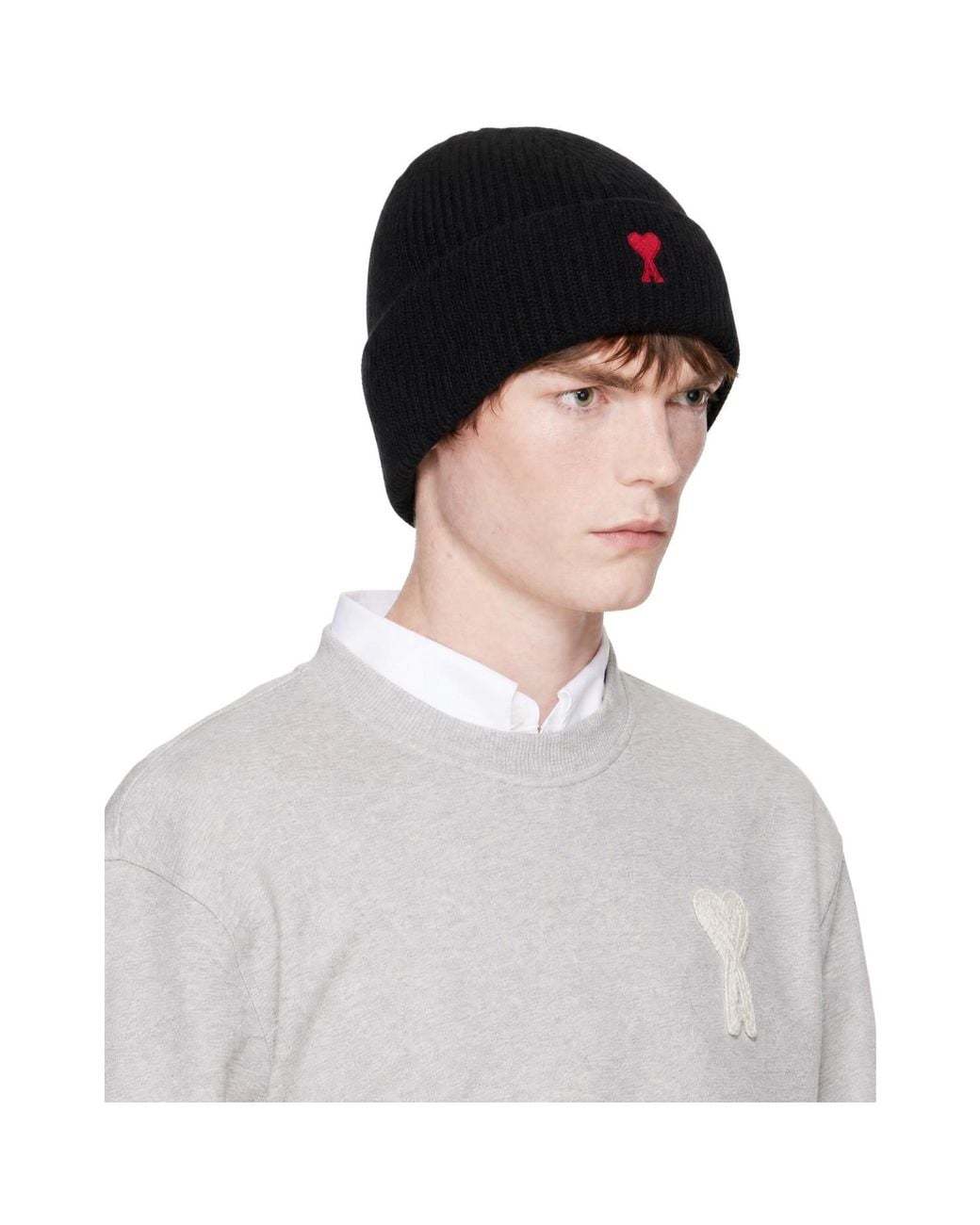 AMI Black Wool Ami De Coeur Beanie for men