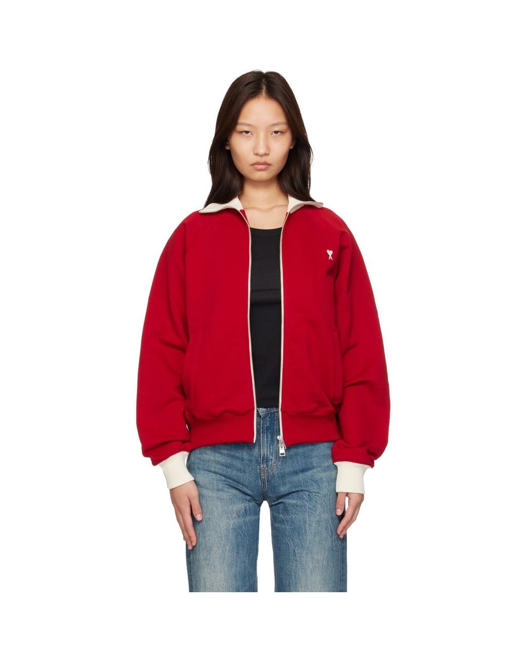 AMI Red Zipped Cotton Ami De Coeur Sweatshirt