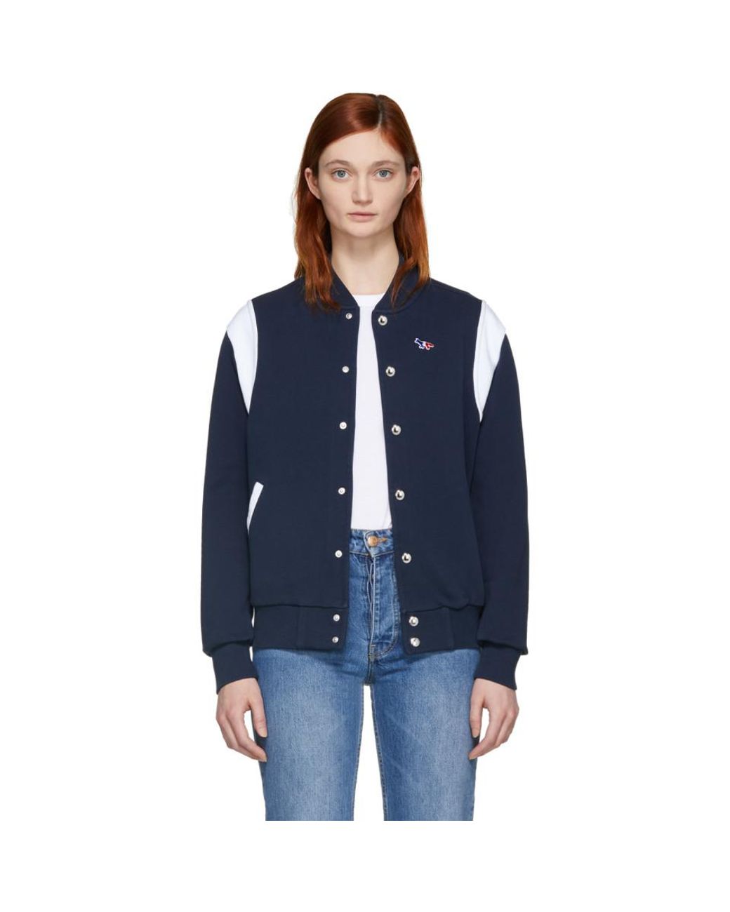 Maison Kitsuné Navy And White Teddy Tricolor Fox Bomber Jacket in