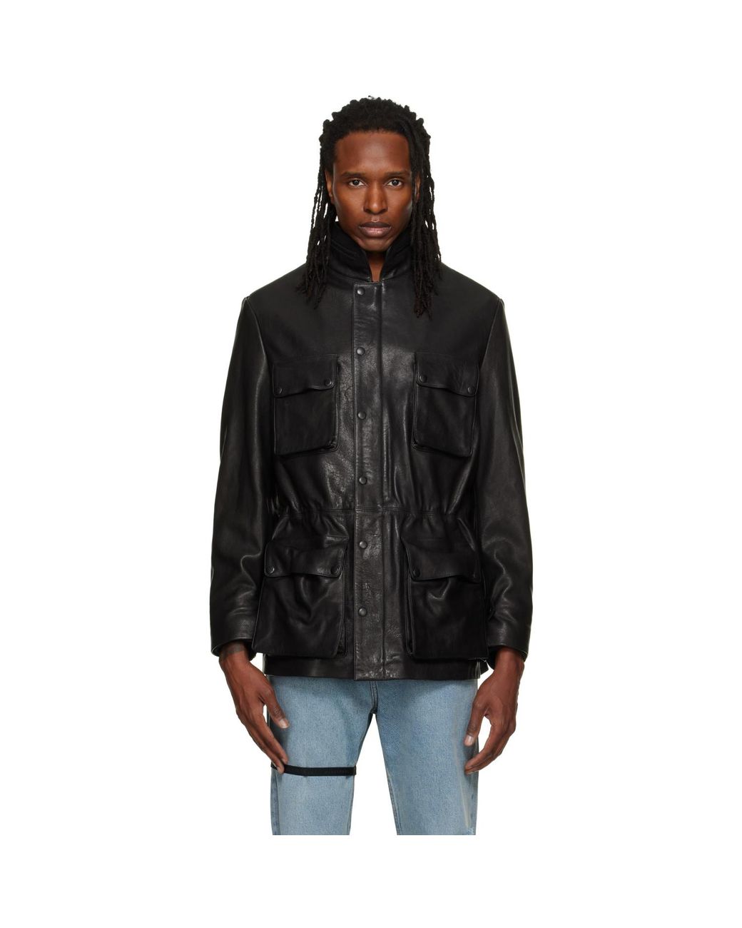 ALAINPAUL Black Multi Pocket Leather Jacket for men