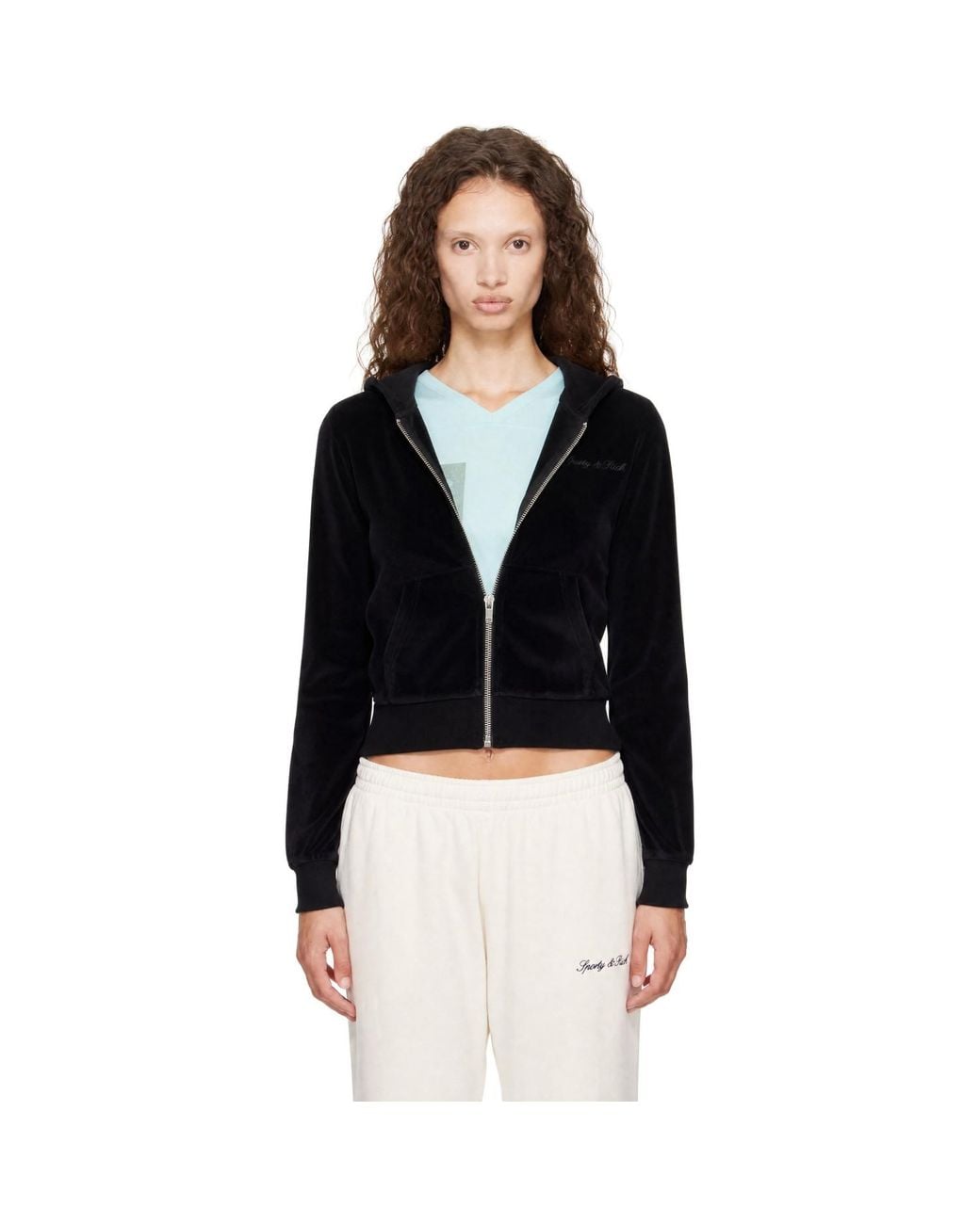 Sporty & Rich Black Signature Logo Krystal Zip Hoodie