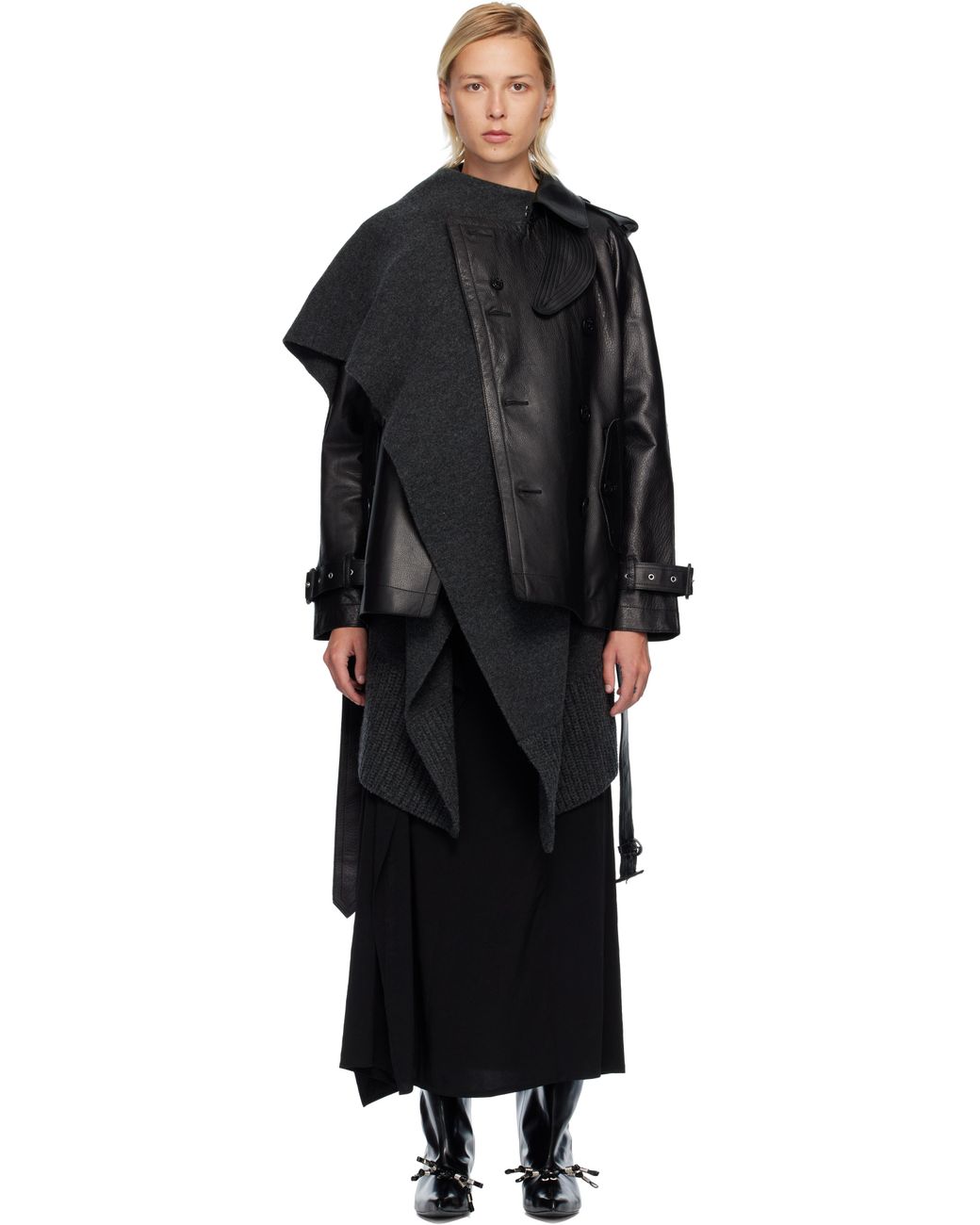 Sacai Leather & Wool Knit Jacket Set in Black | Lyst