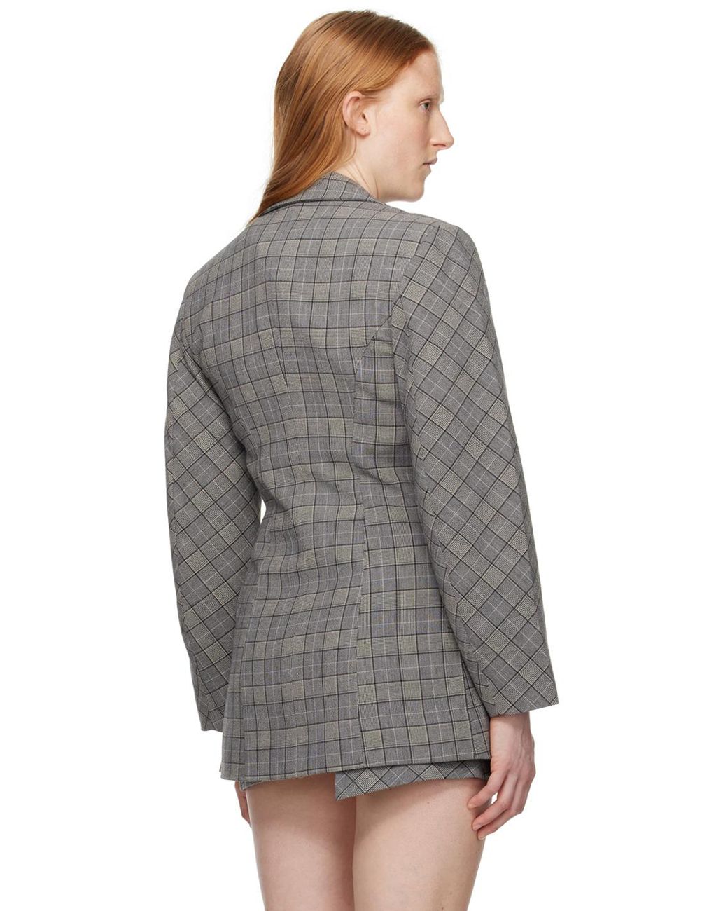 【GANNI】グレー チェック柄 フィット ブレザー Frost Gray Grey Checkered Fitted Blazer | GANNI FI