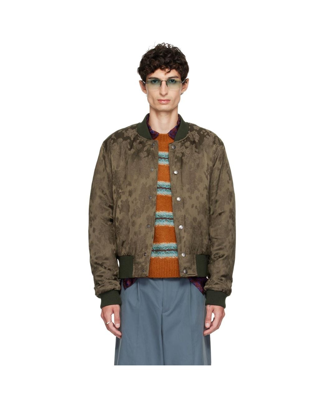Dries Van Noten Brown Khaki Pattern Bomber Jacket for men