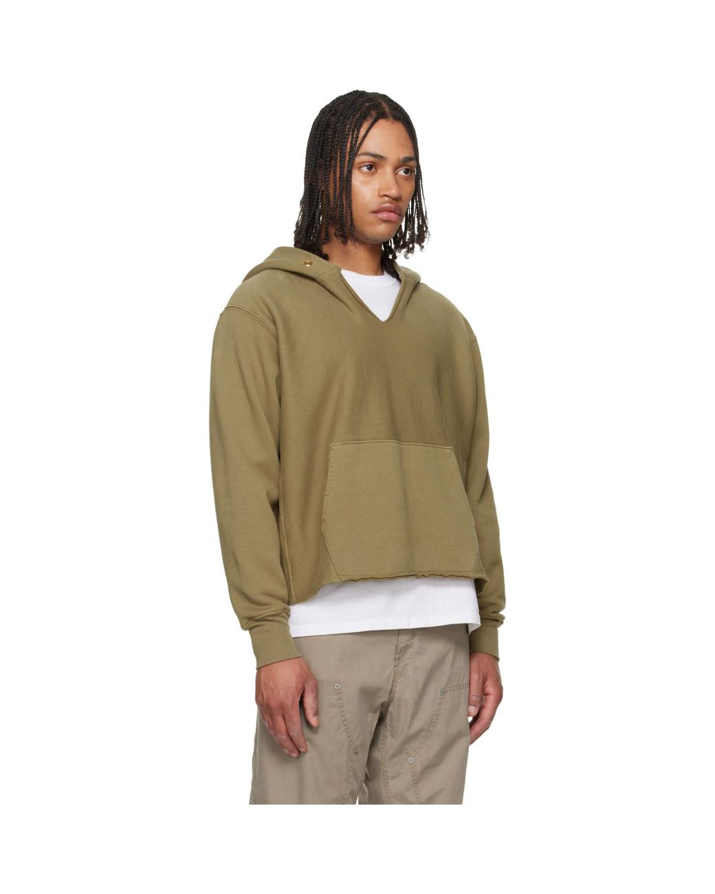 Les Tien Green Khaki Heavyweight Raw Cropped Hoodie for men