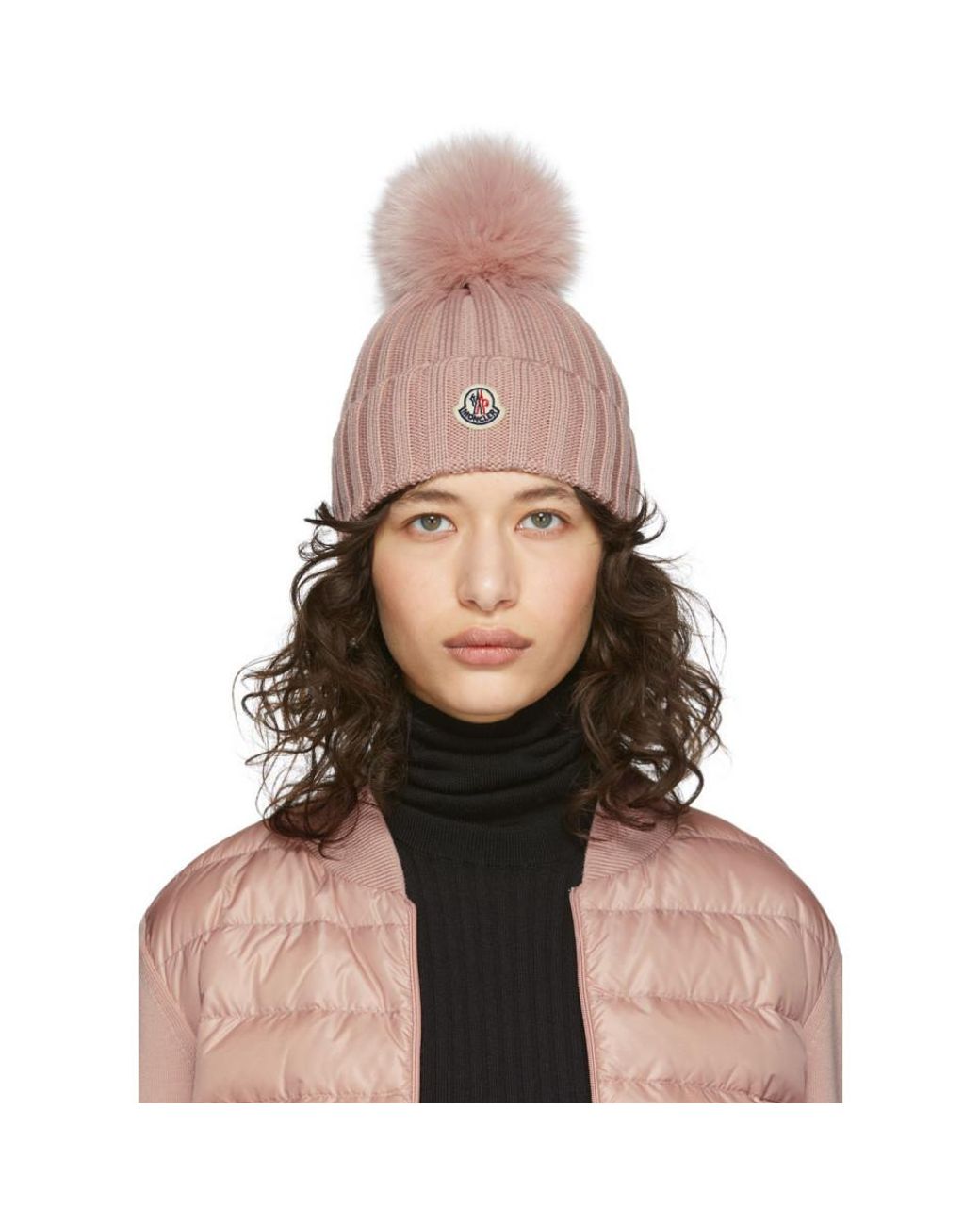Moncler Pink Fur Pom Pom Beanie | Lyst