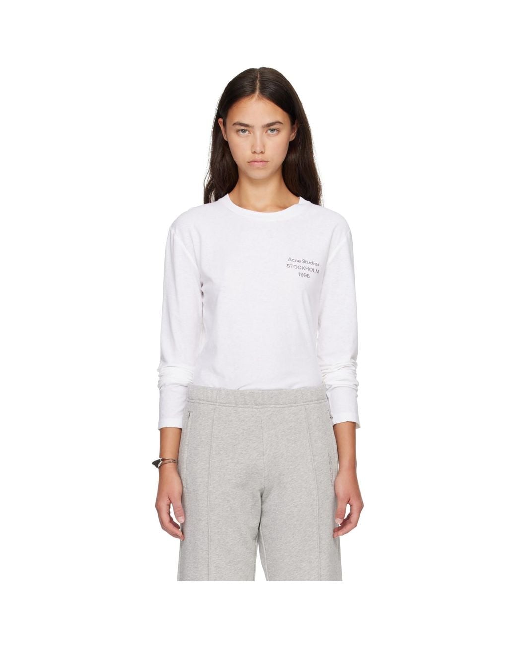 Acne White Distressed Logo Long Sleeve T-Shirt