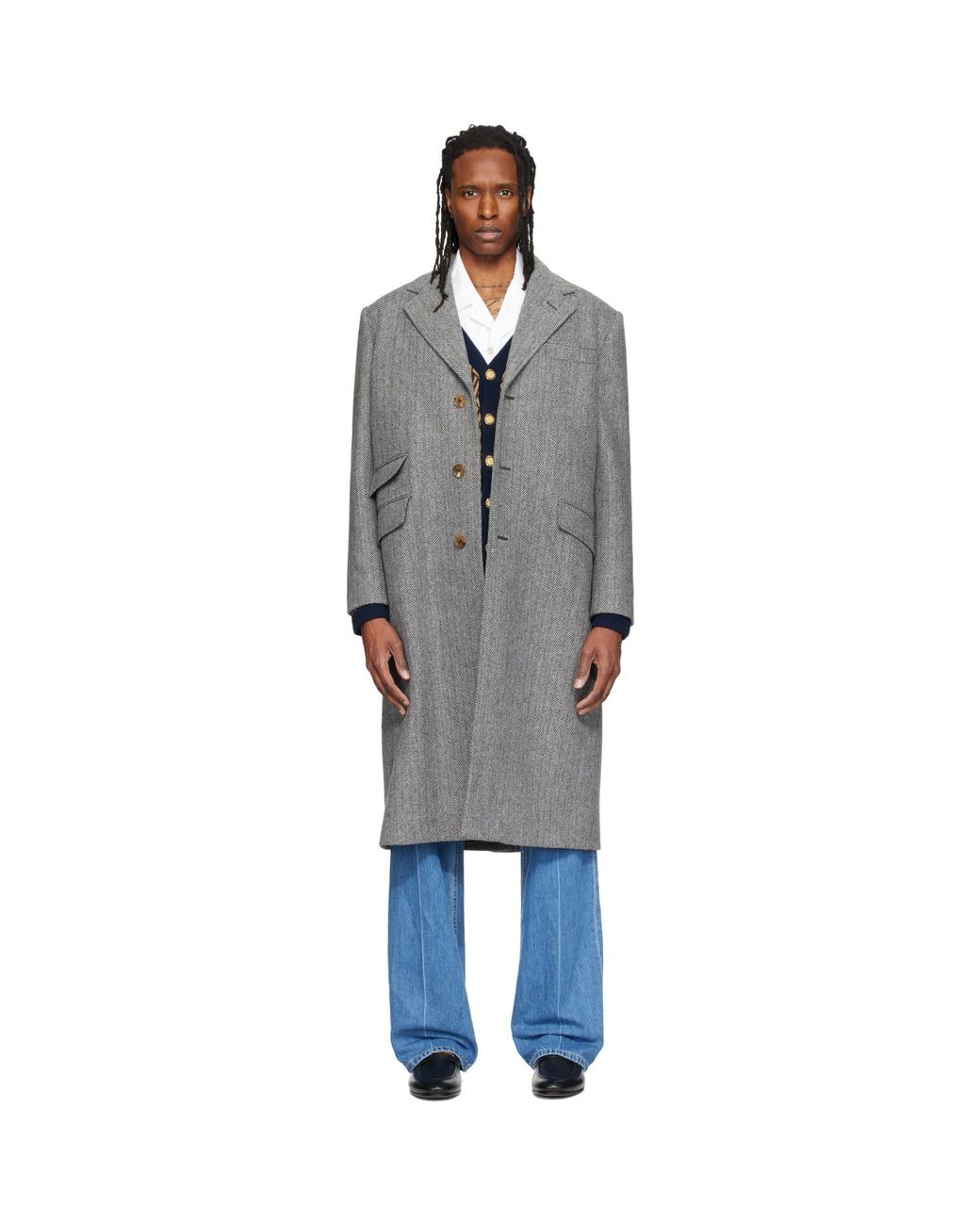 Valentino Gray Wool Herringbone Coat for men